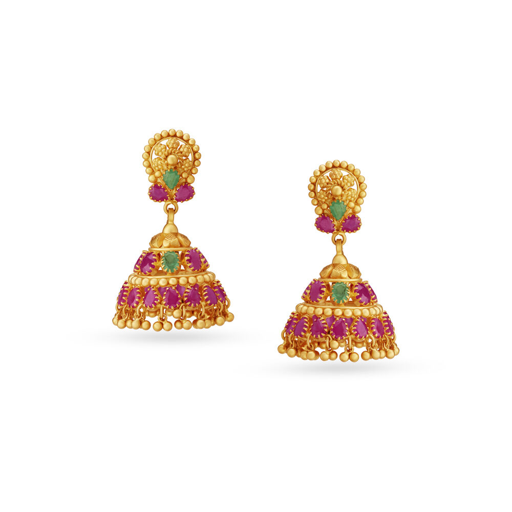 Buy Emerald And Ruby Floral Gold Jhumka Earrings at Best Price