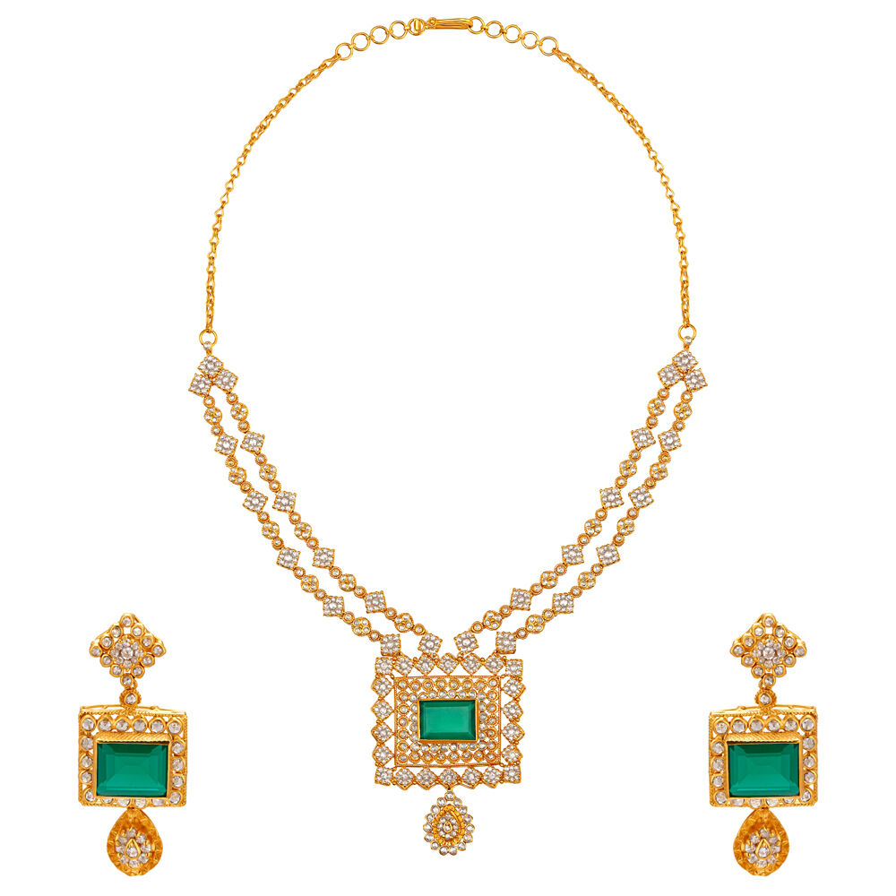 Buy Fancy Rectangular Coloured Stones Studded Gold Necklace Set at