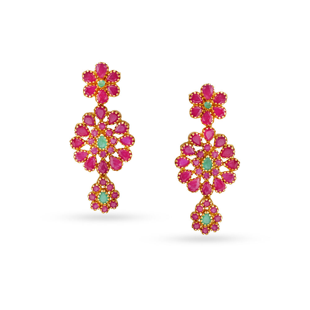 Buy Emerald And Ruby Floral Gold Drop Earrings at Best Price