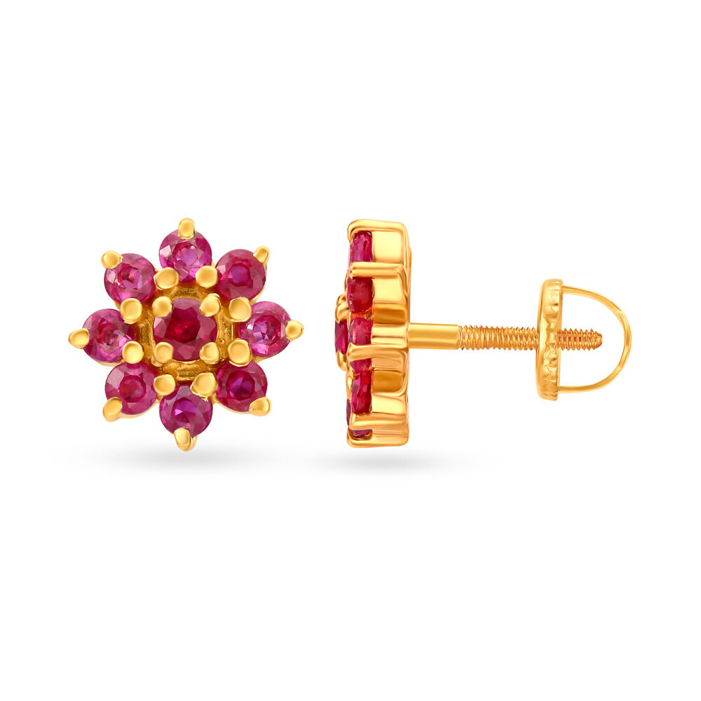 Buy Irresistible 18 Karat Yellow Gold Ruby Embellished Petals Stud
