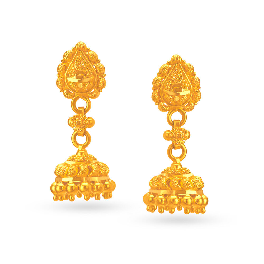 Buy Radiant 22 Karat Yellow Gold Filigree Pattern Jhumkas at Best