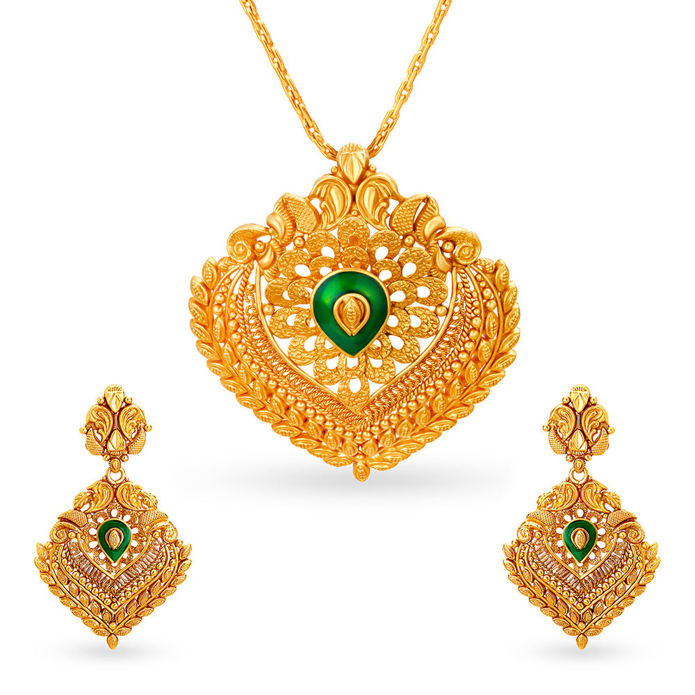 Buy Opulent Gold Pendant and Earrings Set at Best Price Tanishq UAE