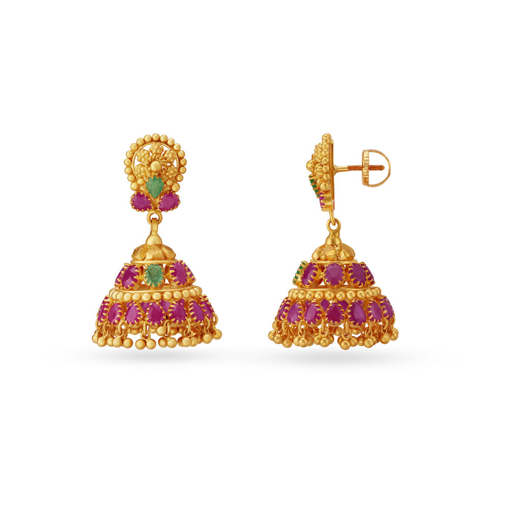 Emerald And Ruby Floral Gold Jhumka Earrings