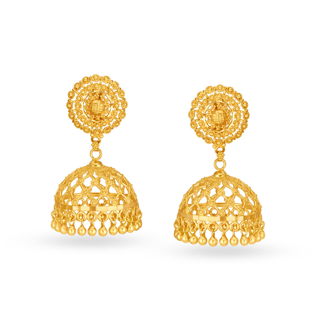 Buy Enchanting 22 Karat Yellow Gold Beaded Jhumkas at Best Price