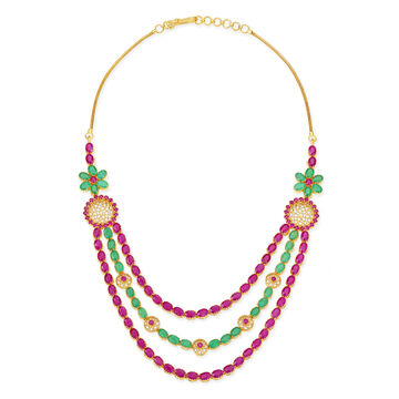Triple Layer Floral Motif Emerald And Ruby Gold Necklace