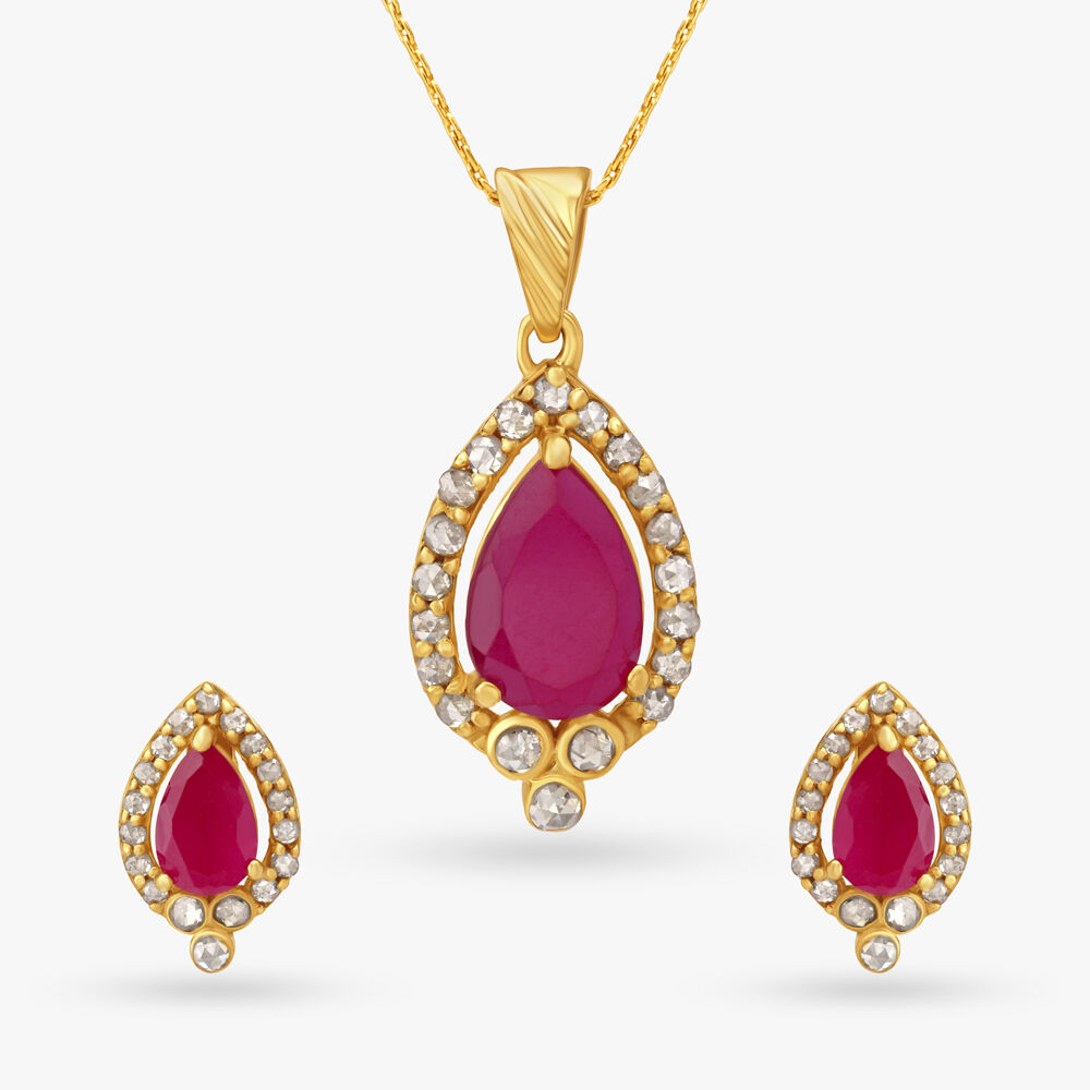 Buy Coloured Stones Studded Gold Pendant and Earrings at Best