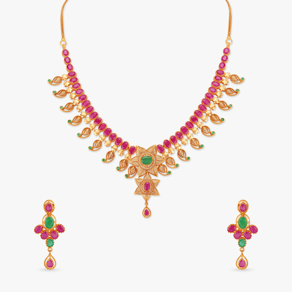 Buy Opulent Emerald and Ruby Necklace Set at Best Price Tanishq UAE