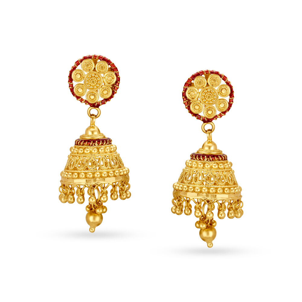 Buy Majestic 22 Karat Yellow Gold Decorative Meenakari Jhumkas at