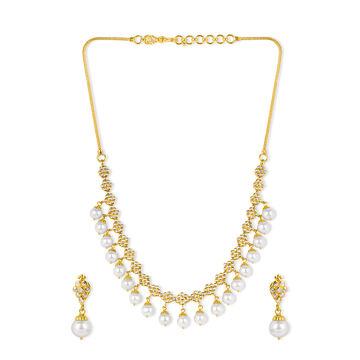 Fanciable Floral Design Pearl Studded Gold Necklace Set