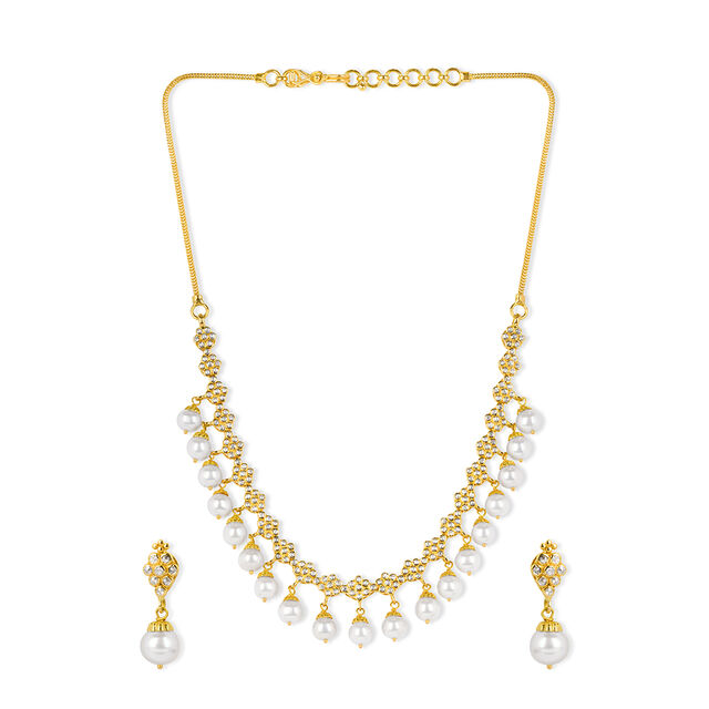 Fanciable Floral Design Pearl Studded Gold Necklace Set 