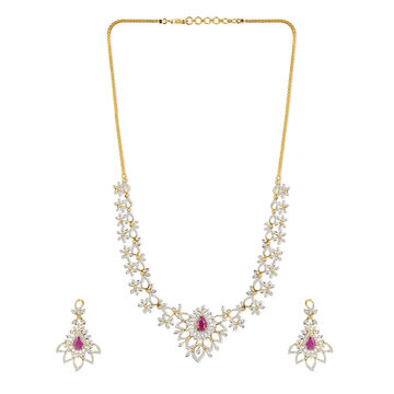 Majestic Diamond and Ruby Adorned Gold Traditional Necklace Set