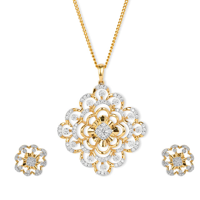 Tanishq 18KT Diamond Pendant and Earrings Set for Women 