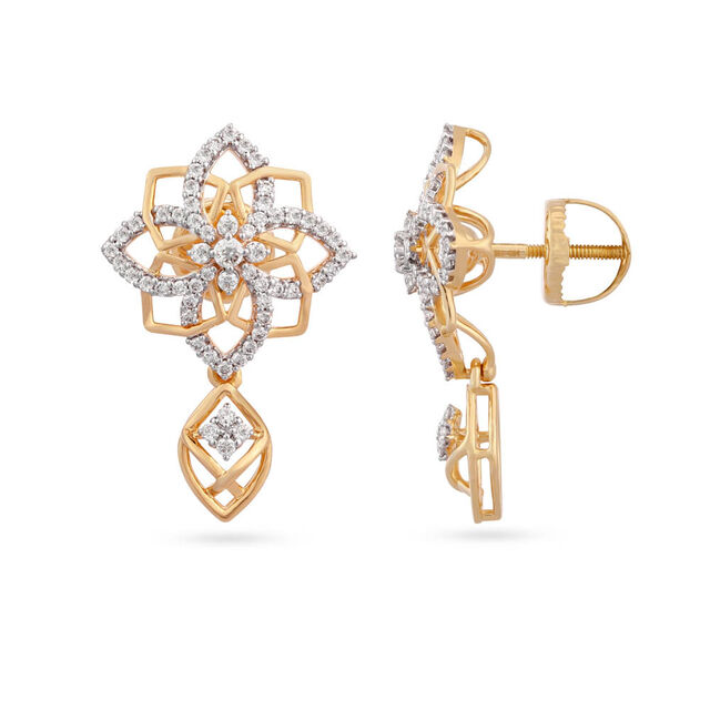 Tanishq Floral Brilliance Diamond Drop Earrings 18K Yellow Gold for Women 2