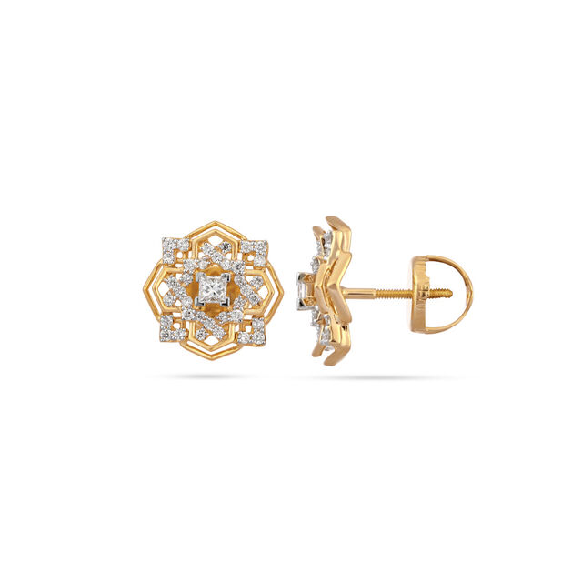 Tanishq Graceful Geometric Diamond Stud Earrings 18K Yellow Gold for Women 