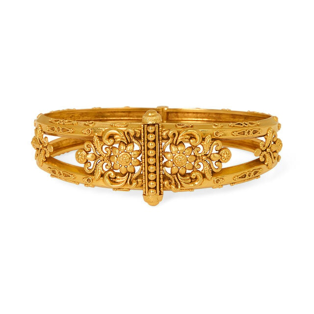 Queenly 22 Karat Yellow Gold Floral Carved Bangle,,hi-res 