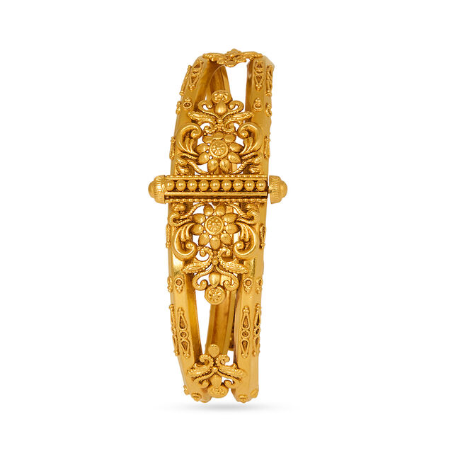 Queenly 22 Karat Yellow Gold Floral Carved Bangle,,hi-res 2