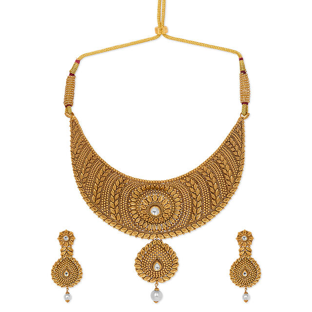 Queenly Rawa Work Leaf Motif Gold Necklace Set,,hi-res 