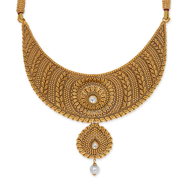 Queenly Rawa Work Leaf Motif Gold Necklace Set,,hi-res 3