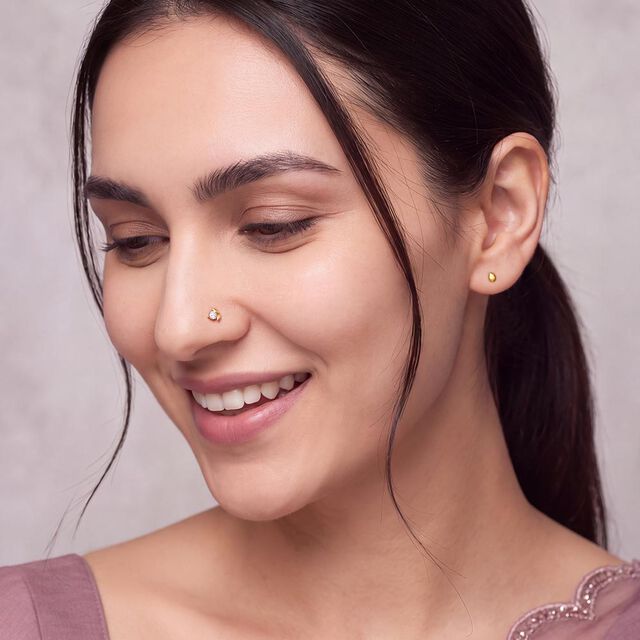 Flowerbud Gold and Diamond Nose Pin,,hi-res 3