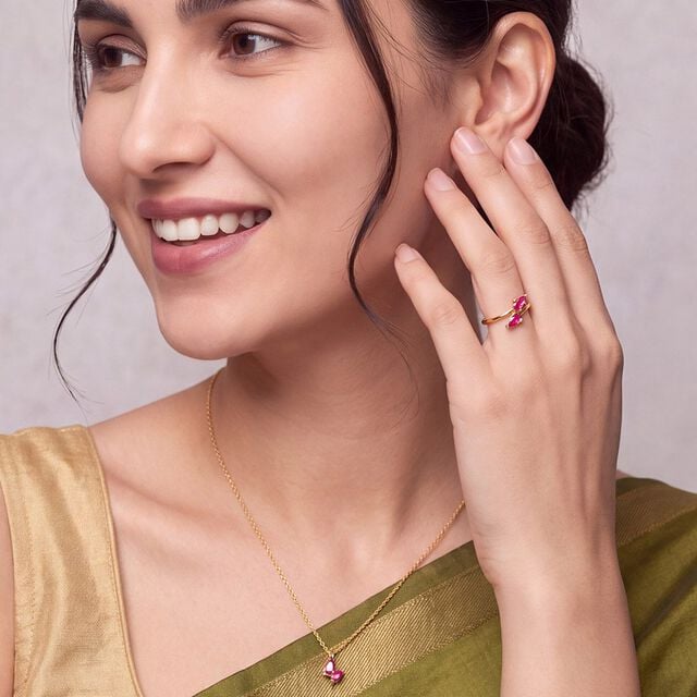 Divine 18 Karat Gold And Ruby Twin Bud Ring,,hi-res 2