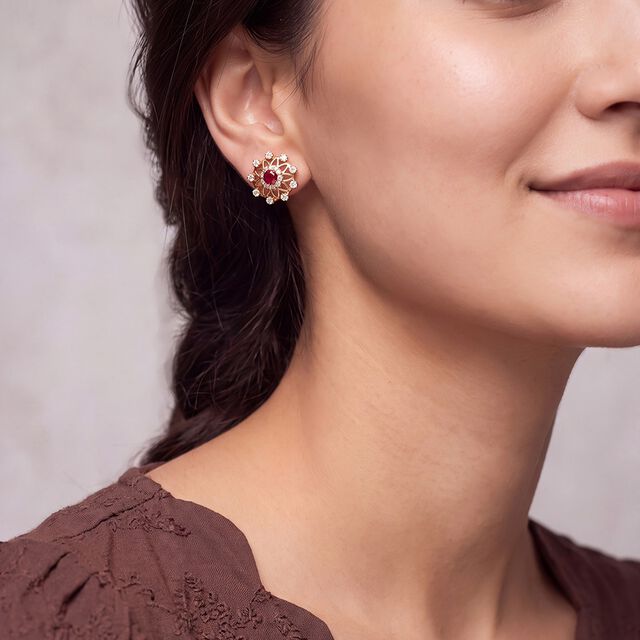 Classic Ruby & Diamond Floral Stud,,hi-res 2