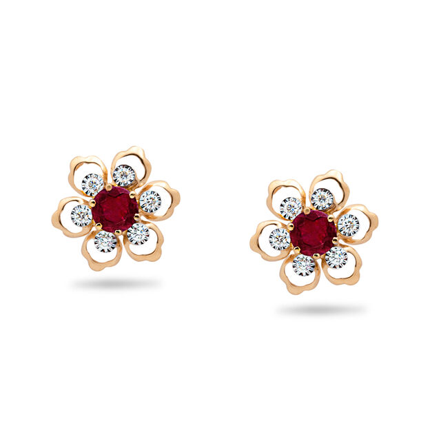 Minimalist Ruby & Diamond Flower Studs 