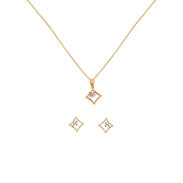 Tanishq 18KT Diamond Pendant with Chain and Earrings Set for Women 