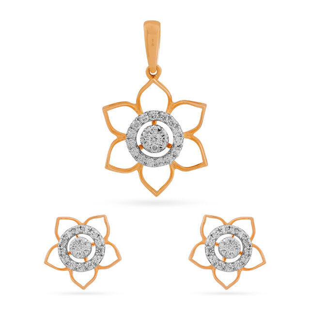Tanishq 18 Karat Diamond Pendant and Earrings Set for Women 