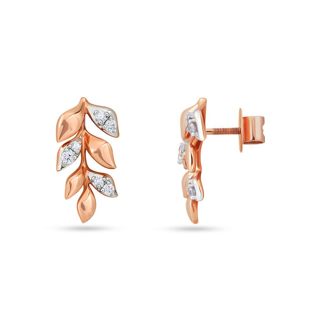 Rose Gold Leaf & Diamond Studded Earrings in 18K Rose Gold for Women 2