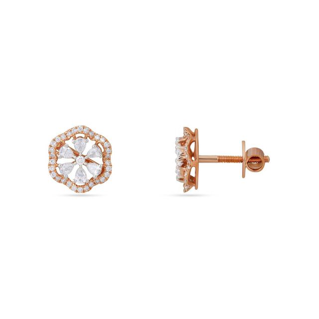 Elegant Rose Gold Diamond Floral Stud Earrings 2