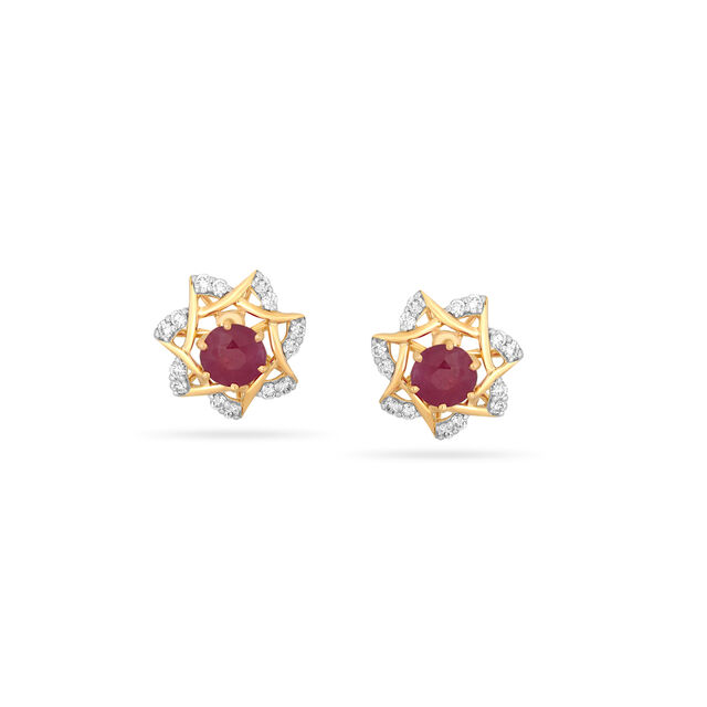 Spring Blossom Brilliance: 18 Karat gold Ruby & Diamond Studs - A Floral Masterpiece