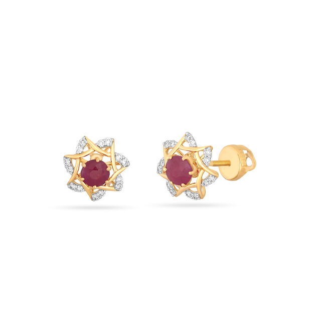 Spring Blossom Brilliance: 18 Karat gold Ruby & Diamond Studs - A Floral Masterpiece