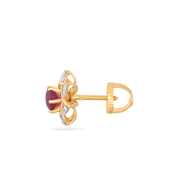 Spring Blossom Brilliance: 18 Karat gold Ruby & Diamond Studs - A Floral Masterpiece