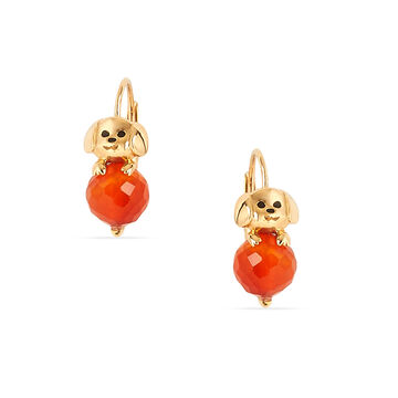 Tanishq 18KT Gold Playful Pup and Red Ball Drop Hoop Earrings