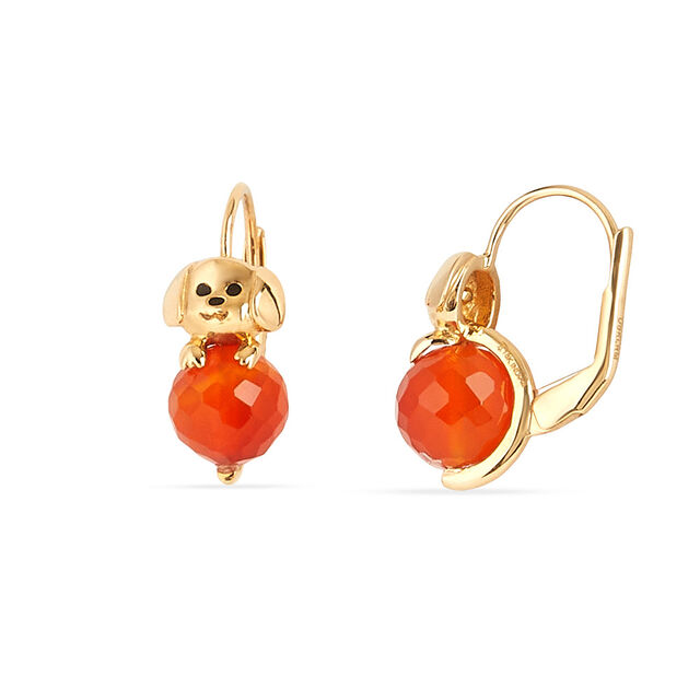 Tanishq 18KT Gold Playful Pup and Red Ball Drop Hoop Earrings 2