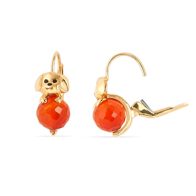 Tanishq 18KT Gold Playful Pup and Red Ball Drop Hoop Earrings 4