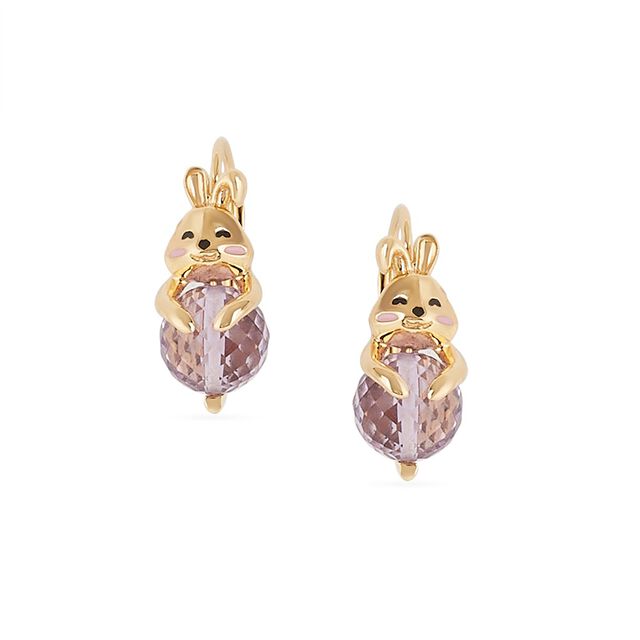 Tanishq 18KT Gold Bunny and Amethyst Drop Hoop Earrings 