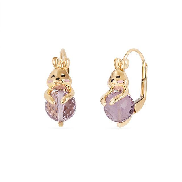 Tanishq 18KT Gold Bunny and Amethyst Drop Hoop Earrings 2