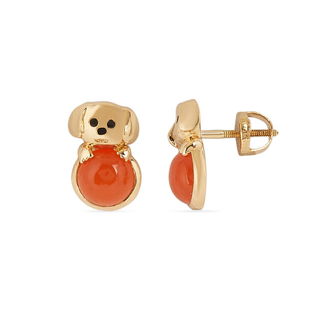 Tanishq 18KT Gold Little Pup and Red Ball Stud Earrings 2