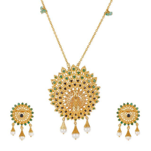Tanishq 18KT Peacock Plume Emerald & Sapphire Necklace Set for Women 