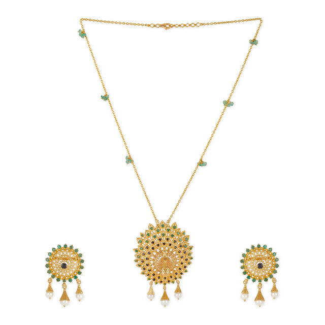 Tanishq 18KT Peacock Plume Emerald & Sapphire Necklace Set for Women 3