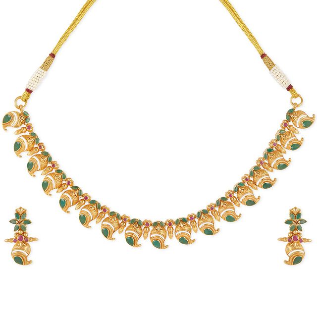 Tanishq 18KT Emerald Mango Royale Necklace Set for Women 