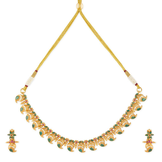 Tanishq 18KT Emerald Mango Royale Necklace Set for Women 2