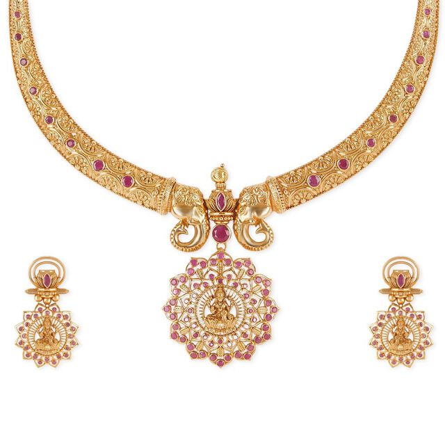 Tanishq 18KT Lakshmi 3-in-1 Hasli Necklace Set for Women 