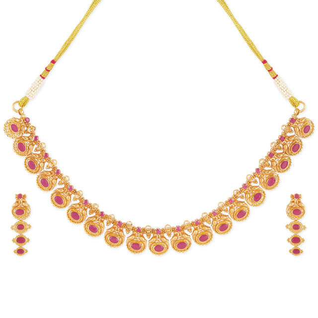 Tanishq 18KT Gold Ruby Peacock Motif Necklace Set for Women 