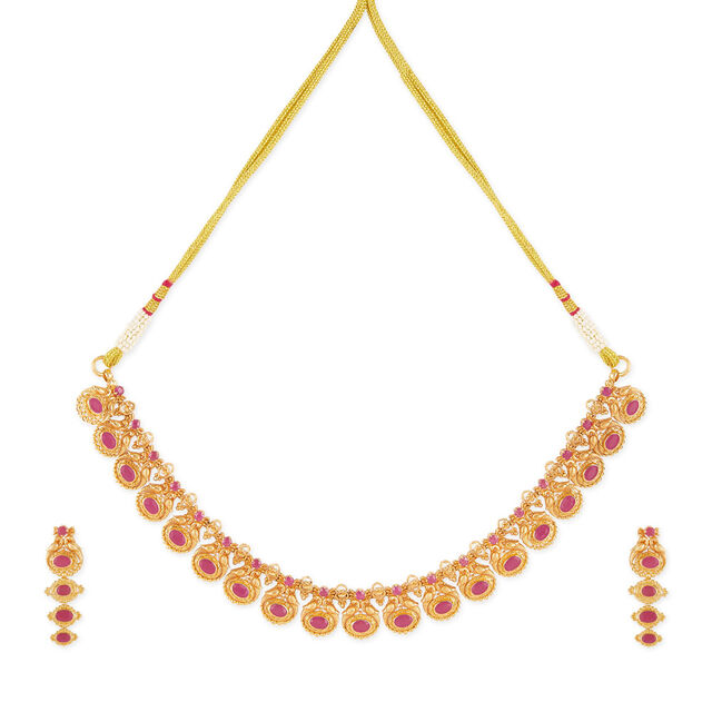 Tanishq 18KT Gold Ruby Peacock Motif Necklace Set for Women 3