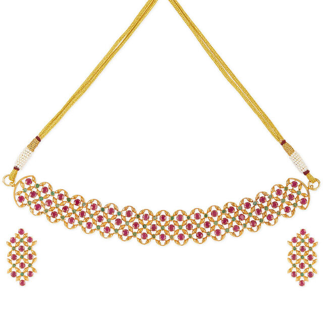 Tanishq 18KT Ruby & Emerald Floral Symphony Necklace Set for Women 
