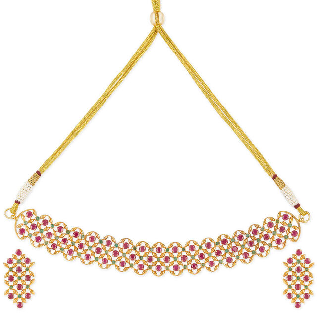 Tanishq 18KT Ruby & Emerald Floral Symphony Necklace Set for Women 2