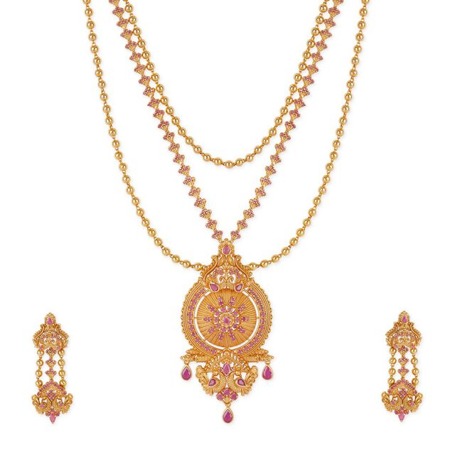 Tanishq 18KT Ruby Heritage Multilayer Haaram & Earrings Set for Women 