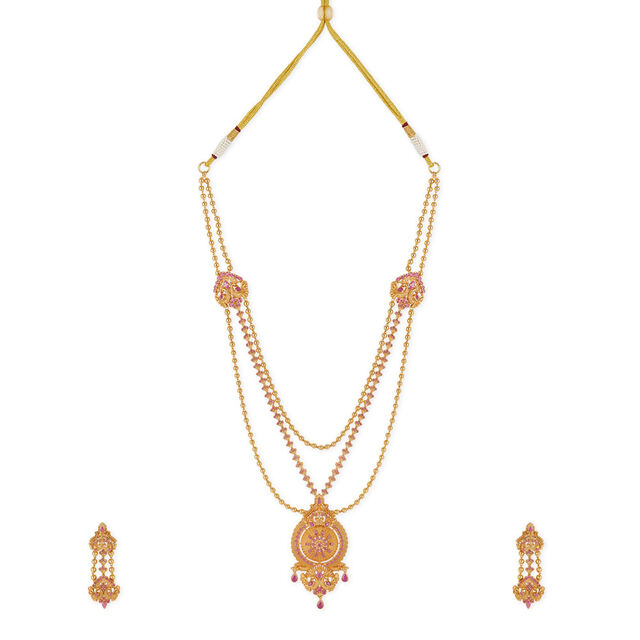 Tanishq 18KT Ruby Heritage Multilayer Haaram & Earrings Set for Women 2